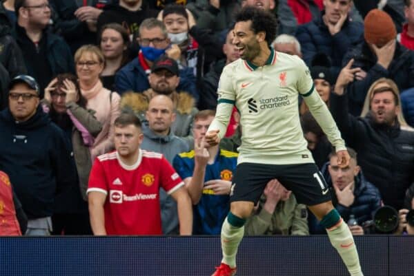 MANCHESTER, ENGLAND - Sunday, October 24, 2021: Liverpool's Mohamed Salah celebrates after scoring the third goal, the first of his hat-trick, during the FA Premier League match between Manchester United FC and Liverpool FC at Old Trafford. Liverpool won 5-0. (Pic by David Rawcliffe/Propaganda)