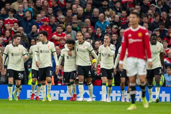 MANCHESTER, ENGLAND - Sunday, October 24, 2021: Liverpool's Mohamed Salah celebrates with team-mate Virgil van Dijk after scoring the third goal, the first of his hat-trick, during the FA Premier League match between Manchester United FC and Liverpool FC at Old Trafford. Liverpool won 5-0. (Pic by David Rawcliffe/Propaganda)