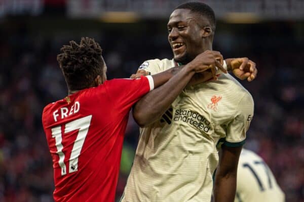 MANCHESTER, ENGLAND - Sunday, October 24, 2021: Liverpool's Ibrahima Konaté (R) and Manchester United's Frederico Rodrigues de Paula Santos 'Fred' clash during the FA Premier League match between Manchester United FC and Liverpool FC at Old Trafford. Liverpool won 5-0. (Pic by David Rawcliffe/Propaganda)