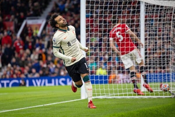 MANCHESTER, ENGLAND - Sunday, October 24, 2021: Liverpool's Mohamed Salah celebrates after scoring the fifth goal, completing his hat-trick, during the FA Premier League match between Manchester United FC and Liverpool FC at Old Trafford. Liverpool won 5-0. (Pic by David Rawcliffe/Propaganda)