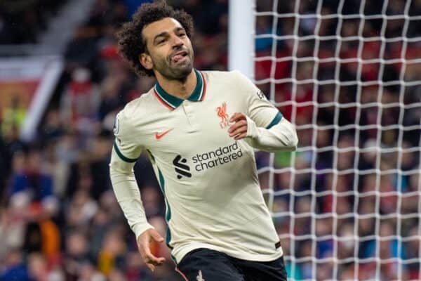 MANCHESTER, ENGLAND - Sunday, October 24, 2021: Liverpool's Mohamed Salah celebrates after scoring the fifth goal, completing his hat-trick, during the FA Premier League match between Manchester United FC and Liverpool FC at Old Trafford. Liverpool won 5-0. (Pic by David Rawcliffe/Propaganda)