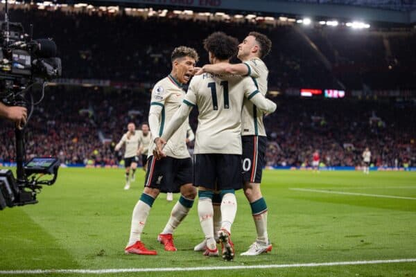 MANCHESTER, ENGLAND - Sunday, October 24, 2021: Liverpool's Mohamed Salah (C) celebrates with team-mates Roberto Firmino (L) abd Diogo Jota (R) after scoring the fifth goal, completing his hat-trick, during the FA Premier League match between Manchester United FC and Liverpool FC at Old Trafford. Liverpool won 5-0. (Pic by David Rawcliffe/Propaganda)