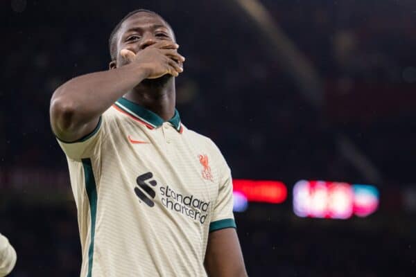 MANCHESTER, ENGLAND - Sunday, October 24, 2021: Liverpool's Ibrahima Konaté celebrates his side's fifth goal during the FA Premier League match between Manchester United FC and Liverpool FC at Old Trafford. Liverpool won 5-0. (Pic by David Rawcliffe/Propaganda)