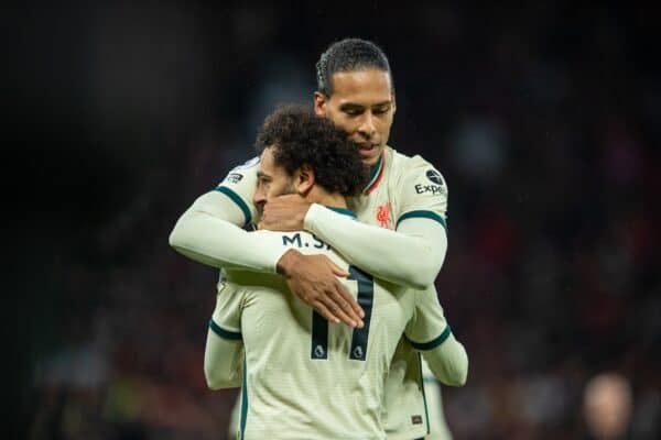 MANCHESTER, ENGLAND - Sunday, October 24, 2021: Liverpool's Mohamed Salah celebrates with team-mate Virgil van Dijk after scoring the fifth goal, completing his hat-trick, during the FA Premier League match between Manchester United FC and Liverpool FC at Old Trafford. Liverpool won 5-0. (Pic by David Rawcliffe/Propaganda)