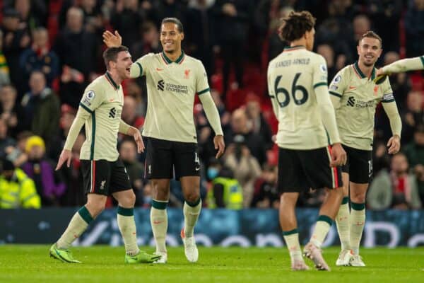 MANCHESTER, ENGLAND - Sunday, October 24, 2021: Liverpool's Virgil van Dijk (R) and Andy Robertson after the FA Premier League match between Manchester United FC and Liverpool FC at Old Trafford. Liverpool won 5-0. (Pic by David Rawcliffe/Propaganda)