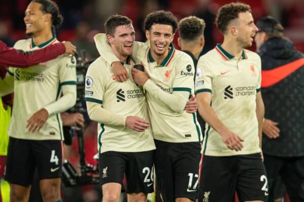 MANCHESTER, ENGLAND - Sunday, October 24, 2021: Liverpool's Andy Robertson (L) and Curtis Jones celebrate after the FA Premier League match between Manchester United FC and Liverpool FC at Old Trafford. Liverpool won 5-0. (Pic by David Rawcliffe/Propaganda)