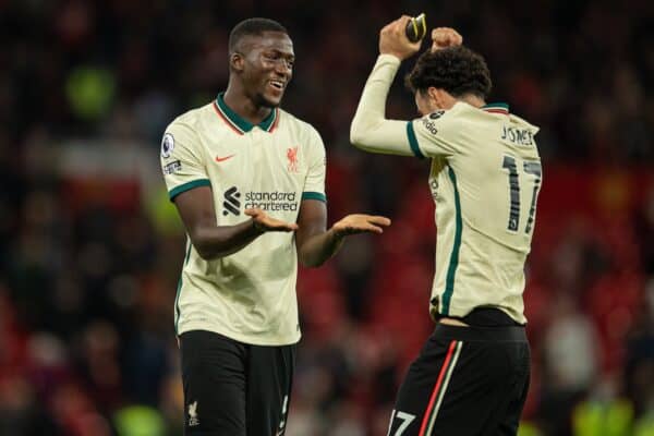 MANCHESTER, ENGLAND - Sunday, October 24, 2021: Liverpool's Ibrahima Konaté (L) and Curtis Jones (R) celebrate after the FA Premier League match between Manchester United FC and Liverpool FC at Old Trafford. Liverpool won 5-0. (Pic by David Rawcliffe/Propaganda)