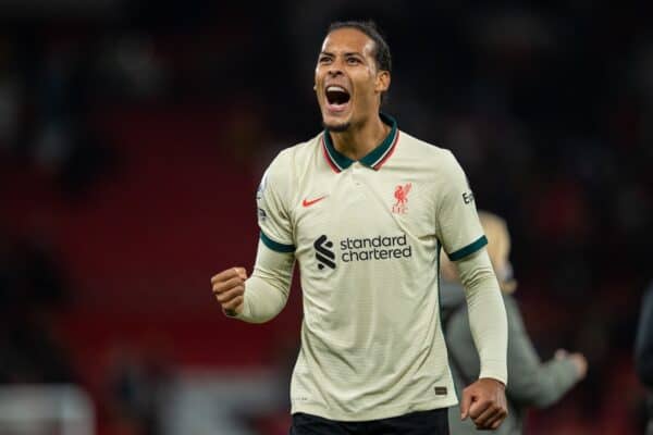 MANCHESTER, ENGLAND - Sunday, October 24, 2021: Liverpool's Virgil van Dijk celebrates after the FA Premier League match between Manchester United FC and Liverpool FC at Old Trafford. Liverpool won 5-0. (Pic by David Rawcliffe/Propaganda)