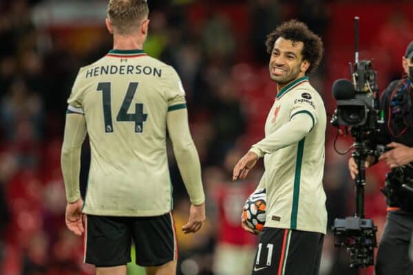 MANCHESTER, ENGLAND - Sunday, October 24, 2021: Liverpool's hat-trick hero Mohamed Salah celebrates after the FA Premier League match between Manchester United FC and Liverpool FC at Old Trafford. Liverpool won 5-0. (Pic by David Rawcliffe/Propaganda)