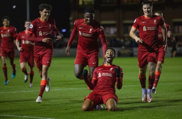 LEYLAND, ENGLAND - Monday, October 25, 2021: Liverpool's Liverpool's Elijah Dixon-Bonner (C) celebrates after scoring the second goal during the Premier League 2 Division 1 match between Blackburn Rovers FC Under-23's and Liverpool FC Under-23's at the County Ground. (Pic by David Rawcliffe/Propaganda)