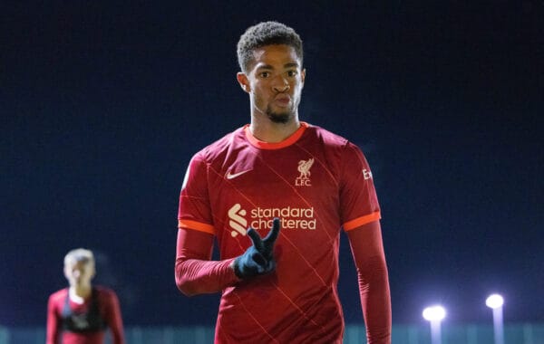 LEYLAND, ENGLAND - Monday, October 25, 2021: Liverpool's double goal-scorer Elijah Dixon-Bonner after the Premier League 2 Division 1 match between Blackburn Rovers FC Under-23's and Liverpool FC Under-23's at the County Ground. (Pic by David Rawcliffe/Propaganda)