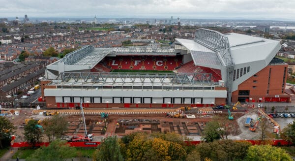 LIVERPOOL, ENGLAND - Tuesday, November 2, 2021: Construction work continues on the building of a new Anfield Road stadium at Anfield, home of Liverpool Football Club. (Pic by David Rawcliffe/Propaganda)