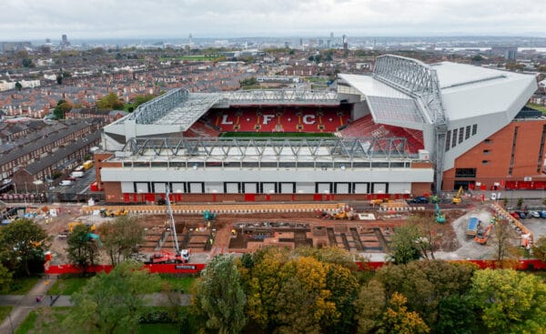 LIVERPOOL, ENGLAND - Tuesday, November 2, 2021: Construction work continues on the building of a new Anfield Road stadium at Anfield, home of Liverpool Football Club. (Pic by David Rawcliffe/Propaganda)