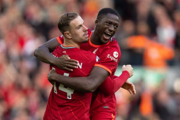 LIVERPOOL, ENGLAND - Saturday, October 30, 2021: Liverpool's captain Jordan Henderson (L) celebrates with team-mate Ibrahima Konaté after scoring the first goal during the FA Premier League match between Liverpool FC and Brighton & Hove Albion FC at Anfield. The game ended in a 2-2 draw. (Pic by David Rawcliffe/Propaganda)