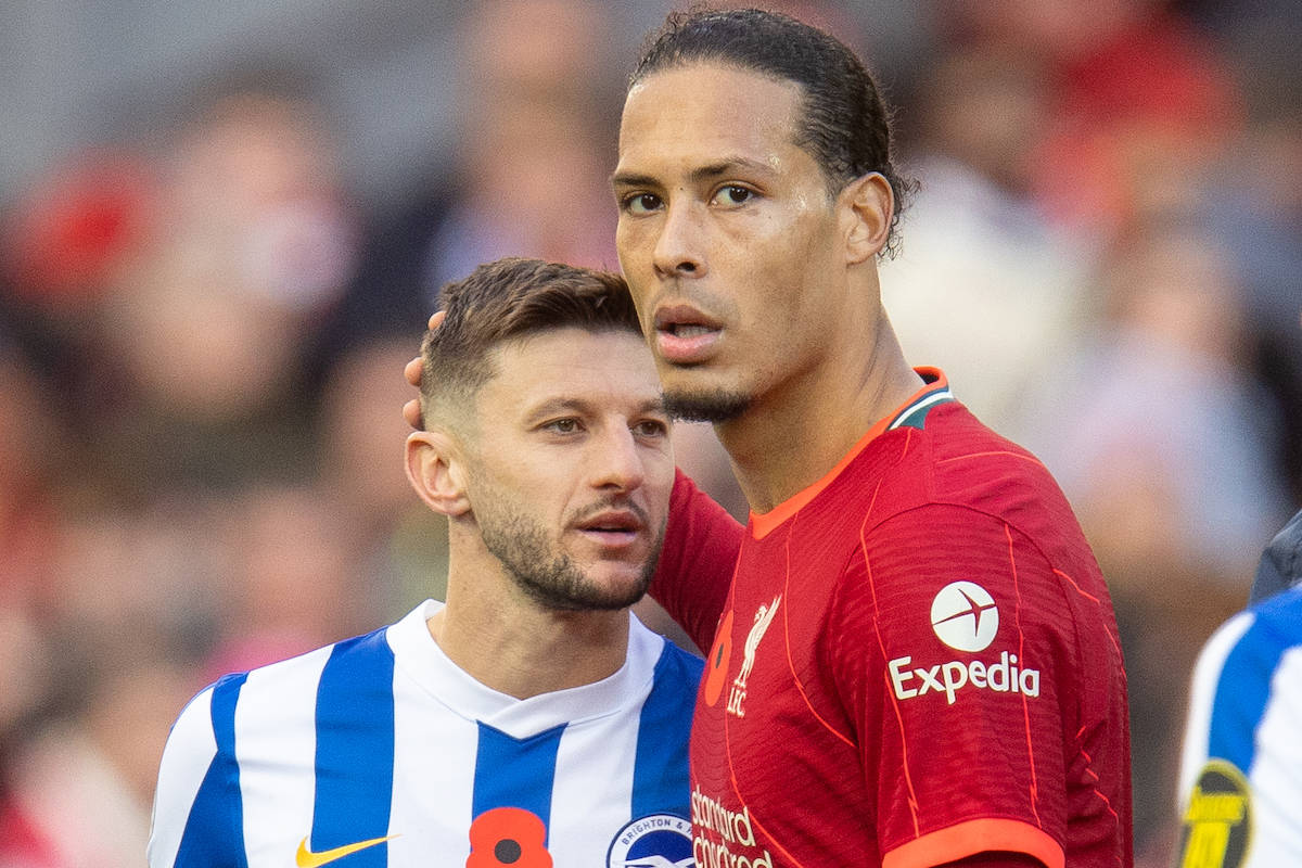 LIVERPOOL, ENGLAND - Saturday, October 30, 2021: Liverpool's Virgil van Dijk (R) with Brighton & Hove Albion's Adam Lallana after the FA Premier League match between Liverpool FC and Brighton & Hove Albion FC at Anfield. The game ended in a 2-2 draw. (Pic by David Rawcliffe/Propaganda)