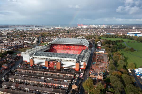 LIVERPOOL, ENGLAND - Tuesday, November 2, 2021: Construction work continues on the building of a new Anfield Road stadium at Anfield, home of Liverpool Football Club. (Pic by David Rawcliffe/Propaganda)