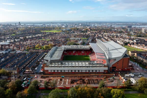 LIVERPOOL, ENGLAND - Tuesday, November 2, 2021: Construction work continues on the building of a new Anfield Road stadium at Anfield, home of Liverpool Football Club. (Pic by David Rawcliffe/Propaganda)