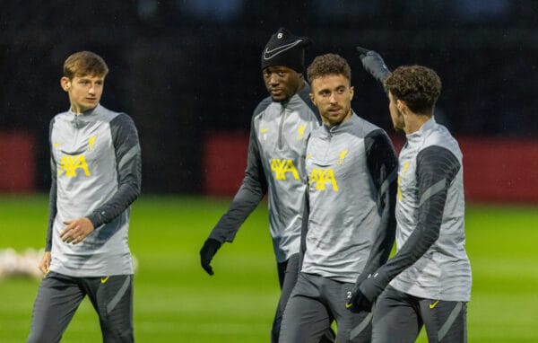 LIVERPOOL, ENGLAND - Tuesday, November 2, 2021: Liverpool's (L-R) Tyler Morton, Divock Origi, Diogo Jota during a training session at the AXA Training Centre ahead of the UEFA Champions League Group B Matchday 4 game between Liverpool FC and Club Atlético de Madrid. (Pic by David Rawcliffe/Propaganda)