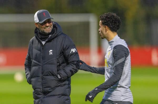 LIVERPOOL, ENGLAND - Tuesday, November 2, 2021: Liverpool's manager Jürgen Klopp (L) chats with Curtis Jones during a training session at the AXA Training Centre ahead of the UEFA Champions League Group B Matchday 4 game between Liverpool FC and Club Atlético de Madrid. (Pic by David Rawcliffe/Propaganda)
