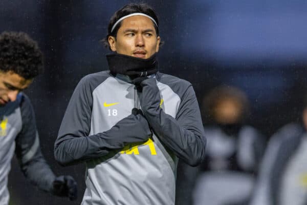 LIVERPOOL, ENGLAND - Tuesday, November 2, 2021: Liverpool's Takumi Minamino during a training session at the AXA Training Centre ahead of the UEFA Champions League Group B Matchday 4 game between Liverpool FC and Club Atlético de Madrid. (Pic by David Rawcliffe/Propaganda)