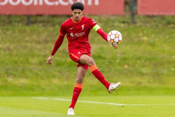 LIVERPOOL, ENGLAND - Wednesday, November 3, 2021: Liverpool's captain Jarell Quansah during the UEFA Youth League Group B Matchday 4 game between Liverpool FC Under19's and Club Atlético de Madrid Under-19's at the Liverpool Academy. Liverpool won 2-0. (Pic by David Rawcliffe/Propaganda)