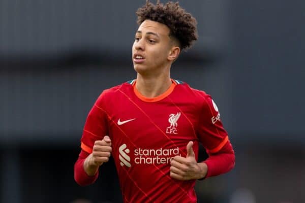 LIVERPOOL, ENGLAND - Wednesday, November 3, 2021: Liverpool's Kaide Gordon during the UEFA Youth League Group B Matchday 4 game between Liverpool FC Under19's and Club Atlético de Madrid Under-19's at the Liverpool Academy. Liverpool won 2-0. (Pic by David Rawcliffe/Propaganda)