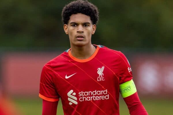 LIVERPOOL, ENGLAND - Wednesday, November 3, 2021: Liverpool's captain Jarell Quansah during the UEFA Youth League Group B Matchday 4 game between Liverpool FC Under19's and Club Atlético de Madrid Under-19's at the Liverpool Academy. Liverpool won 2-0. (Pic by David Rawcliffe/Propaganda)