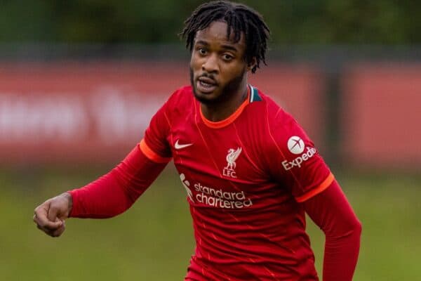 LIVERPOOL, ENGLAND - Wednesday, November 3, 2021: Liverpool's James Balagizi during the UEFA Youth League Group B Matchday 4 game between Liverpool FC Under19's and Club Atlético de Madrid Under-19's at the Liverpool Academy. Liverpool won 2-0. (Pic by David Rawcliffe/Propaganda)