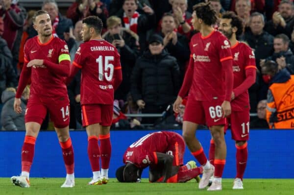 LIVERPOOL, ENGLAND - Wednesday, November 3, 2021: Liverpool's Sadio Mané kneels to pray as he celebrates after scoring the second goal during the UEFA Champions League Group B Matchday 4 game between Liverpool FC and Club Atlético de Madrid at Anfield. Liverpool won 2-0. (Pic by David Rawcliffe/Propaganda)