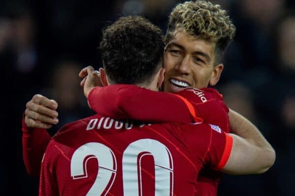 LIVERPOOL, ENGLAND - Wednesday, November 3, 2021: Liverpool's Diogo Jota celebrates with team-mate Roberto Firmino after scoring a third goal, but it was disallowed following a VAR review, during the UEFA Champions League Group B Matchday 4 game between Liverpool FC and Club Atlético de Madrid at Anfield. Liverpool won 2-0. (Pic by David Rawcliffe/Propaganda)