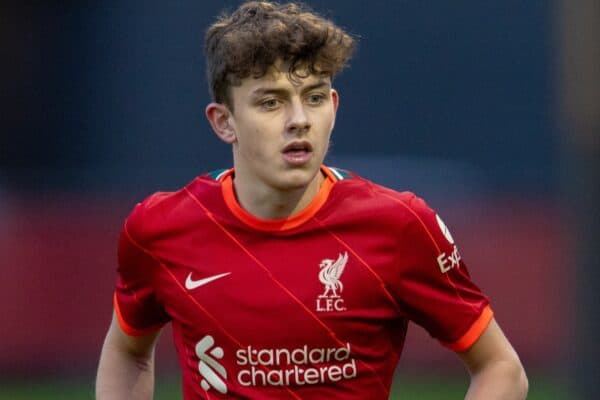 LIVERPOOL, ENGLAND - Wednesday, November 3, 2021: Liverpool's Owen Beck during the UEFA Youth League Group B Matchday 4 game between Liverpool FC Under19's and Club Atlético de Madrid Under-19's at the Liverpool Academy.  Liverpool won 2-0.  (Pic by David Rawcliffe / Propaganda)