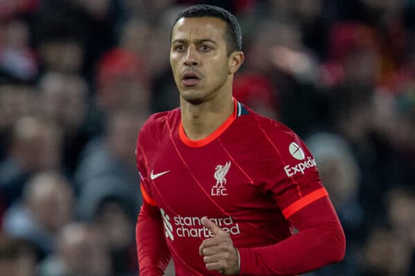 LIVERPOOL, ENGLAND - Wednesday, November 3, 2021: Liverpool's Thiago Alcantara during the UEFA Champions League Group B Matchday 4 game between Liverpool FC and Club Atlético de Madrid at Anfield. Liverpool won 2-0. (Pic by David Rawcliffe/Propaganda)