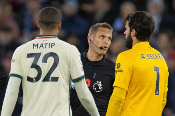 LONDON, ENGLAND - Sunday, November 7, 2021: Referee Craig Pawson speaks with goalkeeper Alisson Becker after awarding West Ham United's opening goal during the FA Premier League match between West Ham United FC and Liverpool FC at the London Stadium. West Ham United won 3-2. (Pic by David Rawcliffe/Propaganda)