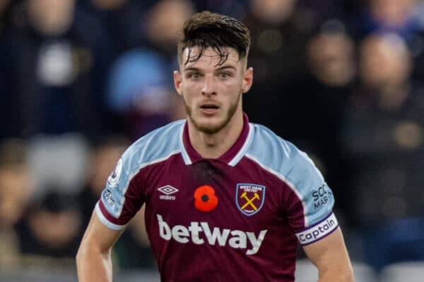 LONDON, ENGLAND - Sunday, November 7, 2021: West Ham United's Declan Rice during the FA Premier League match between West Ham United FC and Liverpool FC at the London Stadium. West Ham United won 3-2. (Pic by David Rawcliffe/Propaganda)