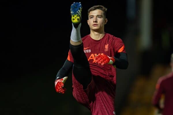 STOKE-ON-TRENT, ENGLAND - Tuesday, November 9, 2021: Liverpool's goalkeeper Fabian Mrozek during the pre-match warm-up before the English Football League Trophy match between Port Vale FC and Liverpool FC Under-21's at Vale Park. Port Vale won 5-0. (Pic by David Rawcliffe/Propaganda)