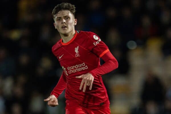 STOKE-ON-TRENT, ENGLAND - Tuesday, November 9, 2021: Liverpool's Bobby Clark during the English Football League Trophy match between Port Vale FC and Liverpool FC Under-21's at Vale Park. Port Vale won 5-0. (Pic by David Rawcliffe/Propaganda)