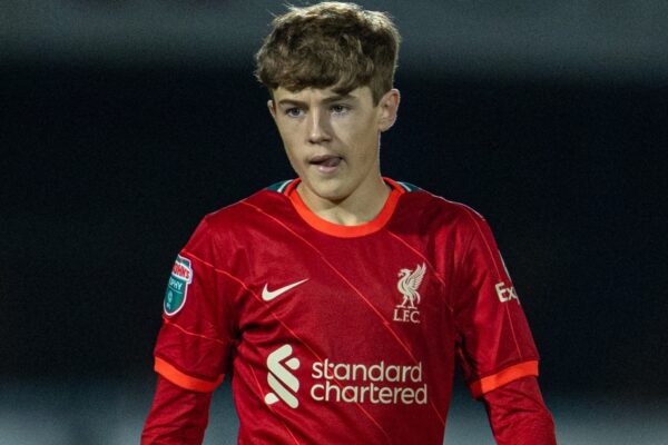 STOKE-ON-TRENT, ENGLAND - Tuesday, November 9, 2021: Liverpool's Tommy Pilling during the English Football League Trophy match between Port Vale FC and Liverpool FC Under-21's at Vale Park. Port Vale won 5-0. (Pic by David Rawcliffe/Propaganda)