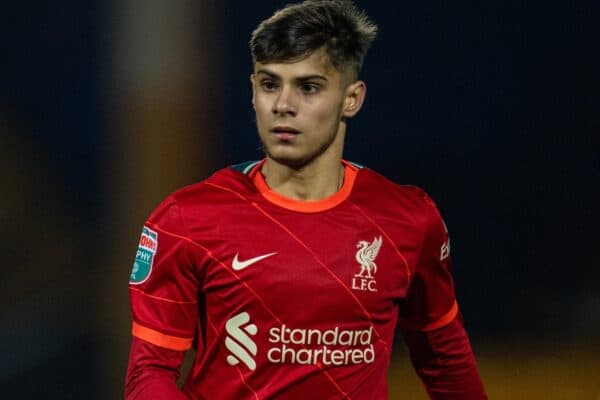 STOKE-ON-TRENT, ENGLAND - Tuesday, November 9, 2021: Liverpool's Oakley Cannonier during the English Football League Trophy match between Port Vale FC and Liverpool FC Under-21's at Vale Park. Port Vale won 5-0. (Pic by David Rawcliffe/Propaganda)