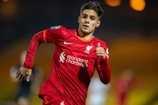 STOKE-ON-TRENT, ENGLAND - Tuesday, November 9, 2021: Liverpool's Oakley Cannonier during the English Football League Trophy match between Port Vale FC and Liverpool FC Under-21's at Vale Park. Port Vale won 5-0. (Pic by David Rawcliffe/Propaganda)