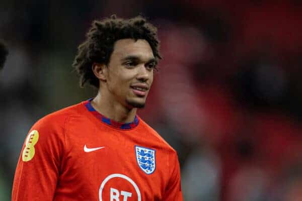 LONDON, ENGLAND - Friday, November 12, 2021: England's Trent Alexander­-Arnold during the pre-match warm-up before the FIFA World Cup Qatar 2022 Qualifying Group I match between England and Albania at Wembley Stadium. England won 5-0. (Pic by David Rawcliffe/Propaganda)