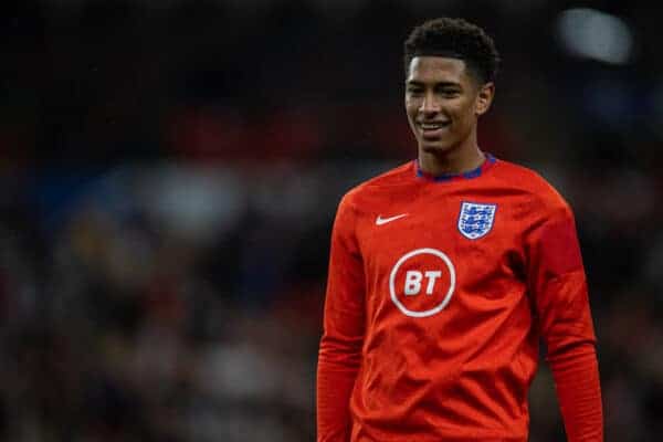 LONDON, ENGLAND - Friday, November 12, 2021: England's substitute Jude Bellingham during the pre-match warm-up before the FIFA World Cup Qatar 2022 Qualifying Group I match between England and Albania at Wembley Stadium. England won 5-0. (Pic by David Rawcliffe/Propaganda)