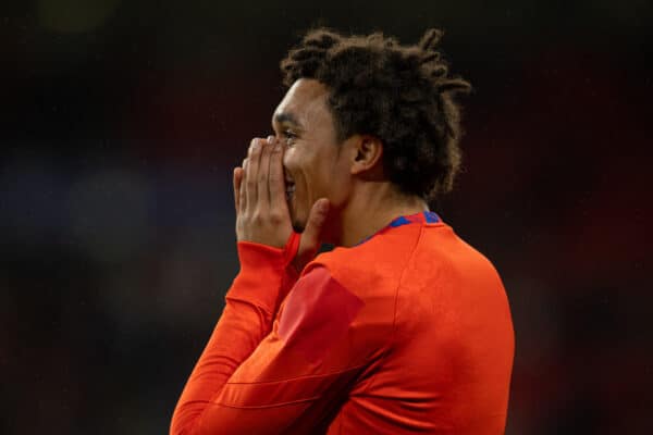 LONDON, ENGLAND - Friday, November 12, 2021: England's Trent Alexander­-Arnold during the pre-match warm-up before the FIFA World Cup Qatar 2022 Qualifying Group I match between England and Albania at Wembley Stadium. England won 5-0. (Pic by David Rawcliffe/Propaganda)