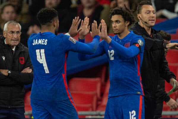 LONDON, ENGLAND - Friday, November 12, 2021: England's substitute Trent Alexander­Arnold replaces Reece James during the FIFA World Cup Qatar 2022 Qualifying Group I match between England and Albania at Wembley Stadium. England won 5-0. (Pic by David Rawcliffe/Propaganda)