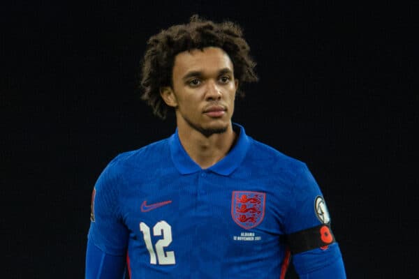 LONDON, ENGLAND - Friday, November 12, 2021: England's Trent Alexander­-Arnold during the pre-match warm-up before the FIFA World Cup Qatar 2022 Qualifying Group I match between England and Albania at Wembley Stadium. England won 5-0. (Pic by David Rawcliffe/Propaganda)