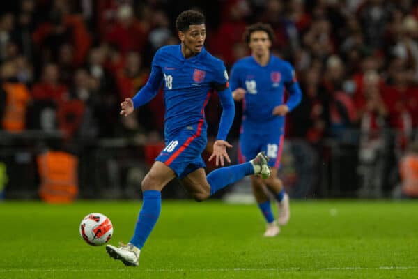 LONDON, ENGLAND - Friday, November 12, 2021: England's substitute Jude Bellingham during the FIFA World Cup Qatar 2022 Qualifying Group I match between England and Albania at Wembley Stadium. England won 5-0. (Pic by David Rawcliffe/Propaganda)