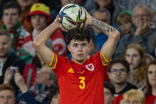 CARDIFF, WALES - Tuesday, November 16, 2021: Quality... Wales' Neco Williams takes a throw-in during the FIFA World Cup Qatar 2022 Qualifying Group E match between Wales and Belgium at the Cardiff City Stadium. The game ended in a 1-1 draw. (Pic by David Rawcliffe/Propaganda)