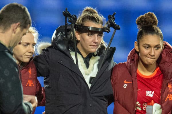 BIRKENHEAD, ENGLAND - Wednesday, November 17, 2021: Liverpool's injured goalkeeper Rylee Foster during the FA Women's League Cup match between Liverpool FC Women and Blackburn Rovers FC Women at Prenton Park. (Pic by David Rawcliffe/Propaganda)