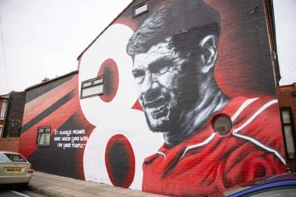 LIVERPOOL, ENGLAND - Saturday, November 20, 2021: A mural of former Liverpool captain Steven Gerrard pictured before the FA Premier League match between Liverpool FC and Arsenal FC at Anfield. (Pic by David Rawcliffe/Propaganda)