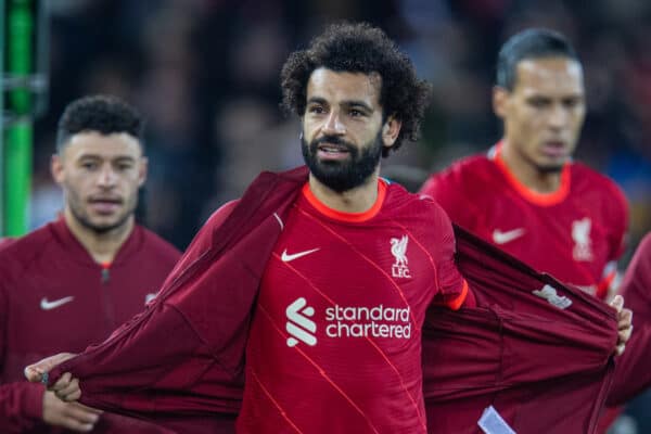 LIVERPOOL, ENGLAND - Saturday, November 20, 2021: Liverpool's Mohamed Salah takes off his warm-up jacket before the FA Premier League match between Liverpool FC and Arsenal FC at Anfield. (Pic by David Rawcliffe/Propaganda)