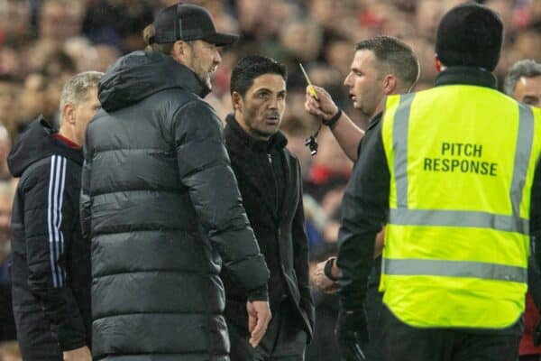 LIVERPOOL, ENGLAND - Saturday, November 20, 2021: Liverpool's manager Jürgen Klopp is shown a yellow card during the FA Premier League match between Liverpool FC and Arsenal FC at Anfield. (Pic by David Rawcliffe/Propaganda)